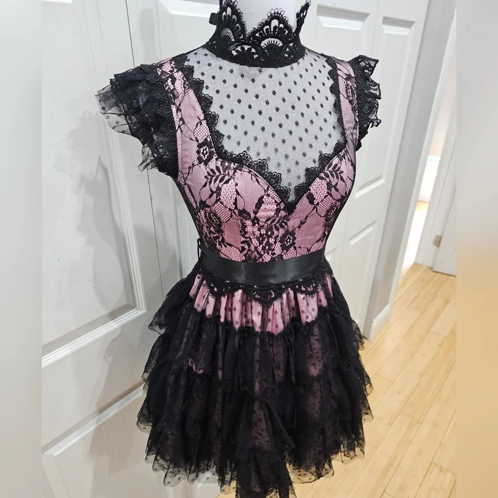 Dolls Kill Unholy Goth Rehearsal Party Pink Black Tiered Lace Mini Dress XS - Picture 6 of 9